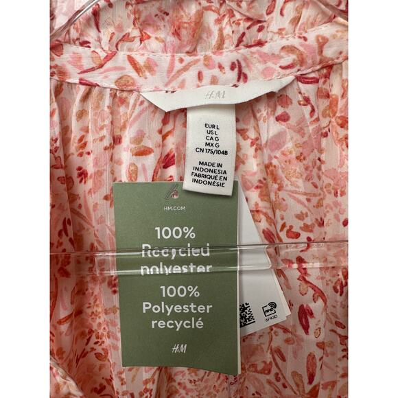 NWT H&M Floral Ruffle Tie-Neck Crêpe Blouse Peach Pink L - Picture 8 of 13